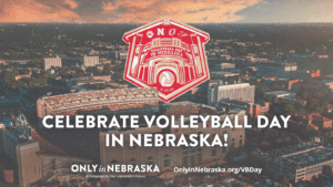 Graphic with UNL's Memorial Stadium in background and text reading "Celebrate Volleyball Day in Nebraska!"
