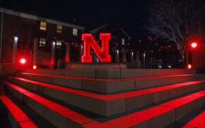 The iconic Nebraska “N” shines outside the Wick Alumni Center during the 2024 Glow Big Red event. The annual day of giving is Feb. 12-13 and gives Huskers a chance to show their love for Dear Old Nebraska U. (Craig Chandler/University Communication and Marketing)