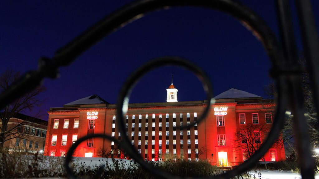 Love Library South is illuminated in red Feb. 12 in honor of Glow Big Red — 24 Hours of Husker Giving. A record $1,022,896 was raised during this year’s event. (Jordan Opp/University Communication and Marketing)