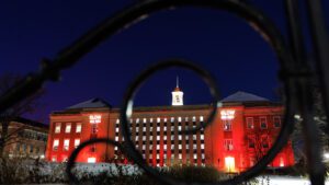 Love Library South is illuminated in red Feb. 12 in honor of Glow Big Red — 24 Hours of Husker Giving. A record $1,022,896 was raised during this year’s event. (Jordan Opp/University Communication and Marketing)