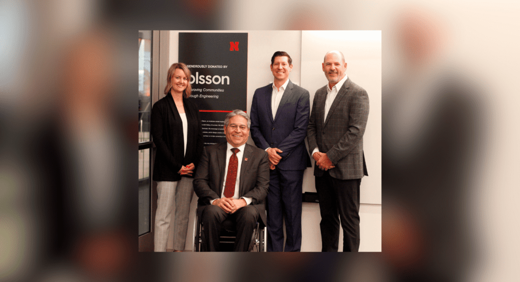 Pictured with Lance C. Pérez, Fred Hunzeker Dean of Engineering (second from left), are Olsson team members Katie Underwood (left) and Nick Steinke (third from left); and Brad Strittmatter, Olsson president and CEO. (Abby Anderson/University of Nebraska Foundation)